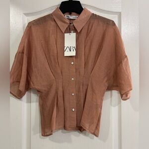 Zara Blush Pink Sheer Button-Up Blouse, NWT, Small